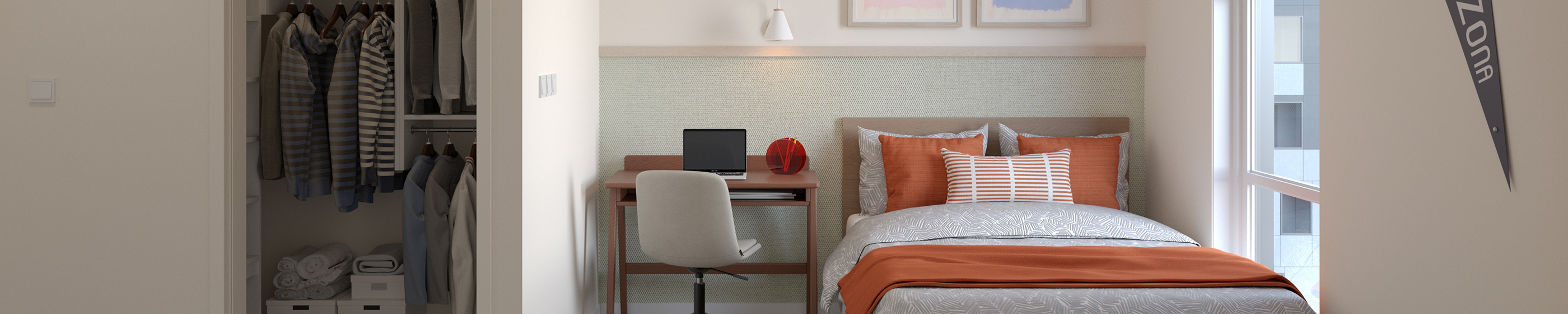 A bedroom with a study desk